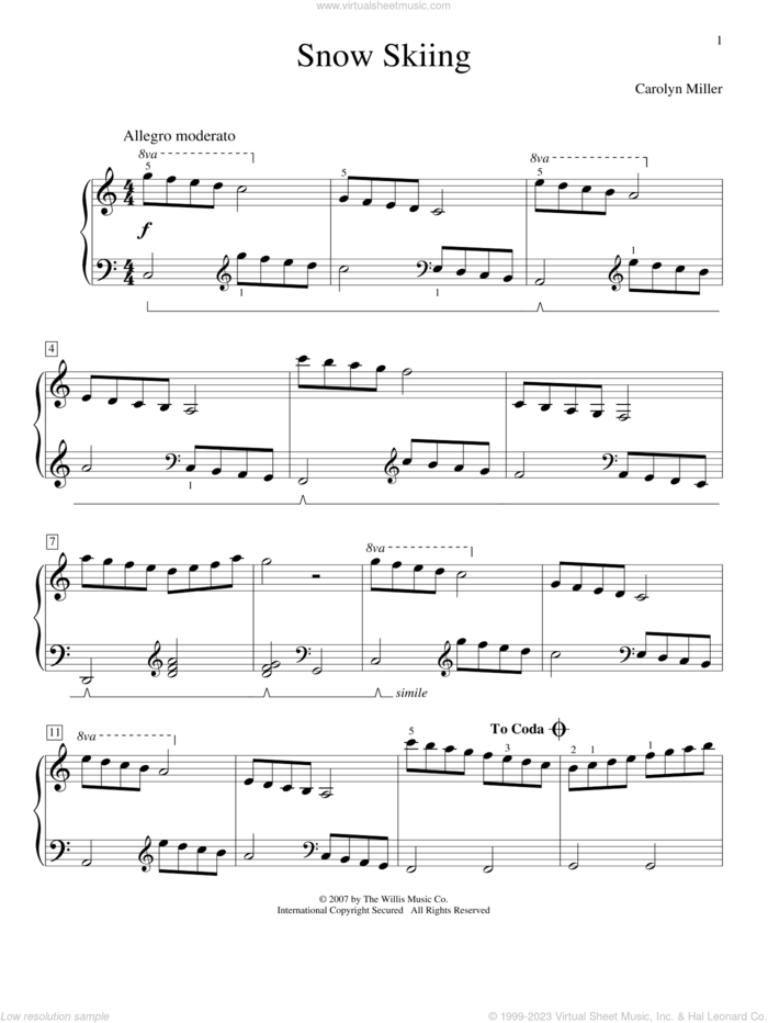 Snow Skiing sheet music for piano solo (elementary) by Carolyn Miller, beginner piano (elementary)