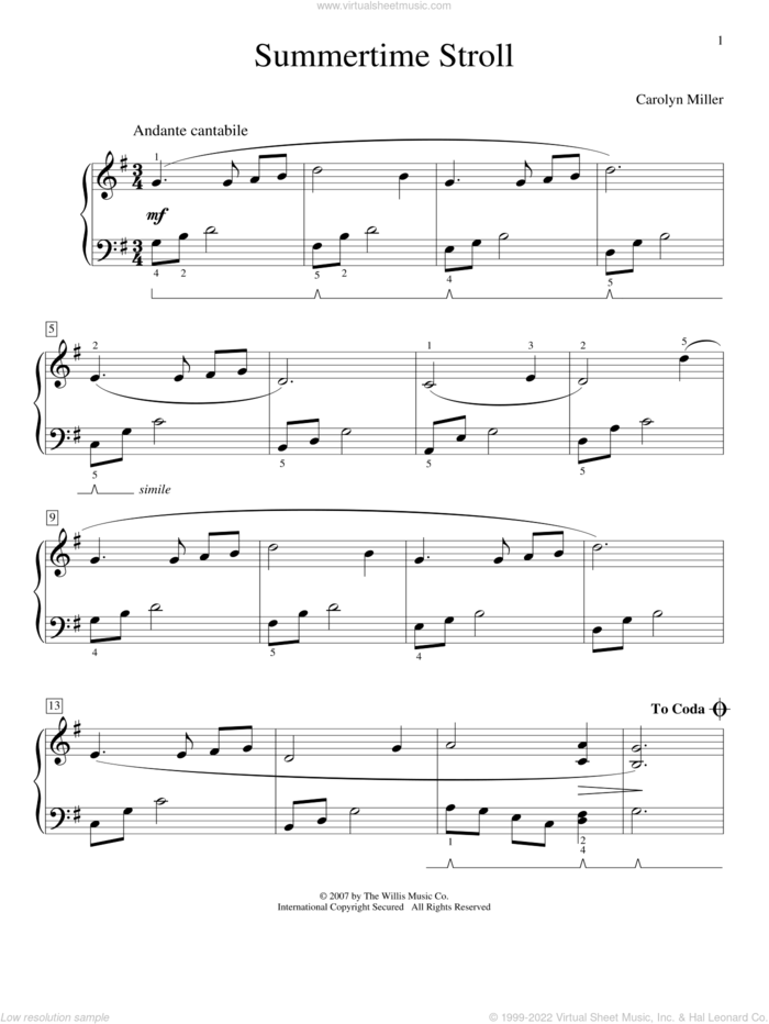 Summertime Stroll sheet music for piano solo (elementary) by Carolyn Miller, beginner piano (elementary)