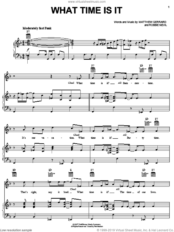 What Time Is It sheet music for voice, piano or guitar by High School Musical 2, Matthew Gerrard and Robbie Nevil, intermediate skill level
