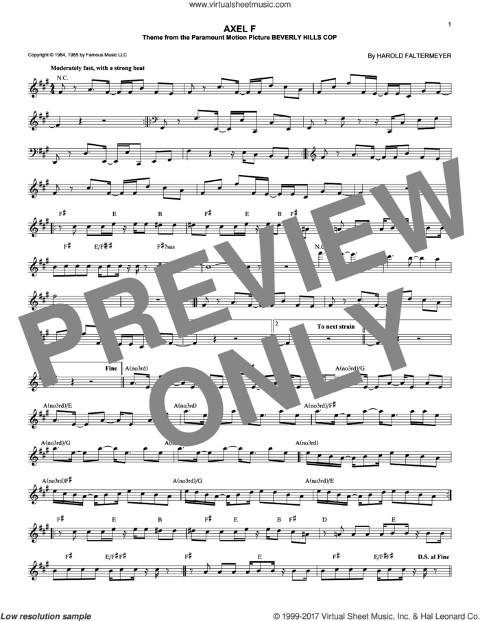 Axel F sheet music for voice and other instruments (fake book) by Harold Faltermeyer and Crazy Frog, intermediate skill level