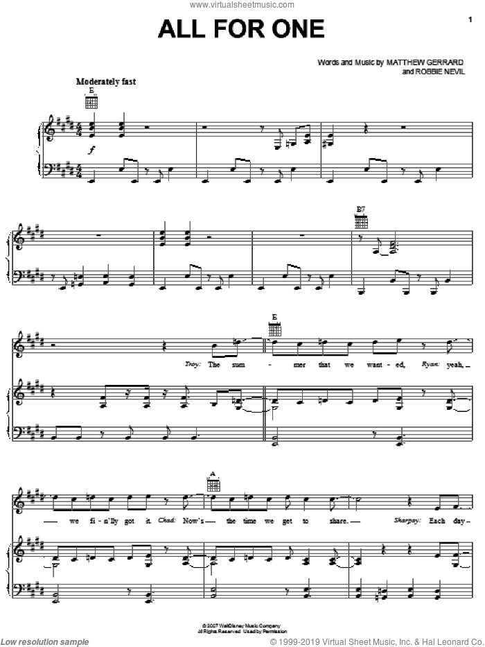 All For One sheet music for voice, piano or guitar by High School Musical 2, Matthew Gerrard and Robbie Nevil, intermediate skill level