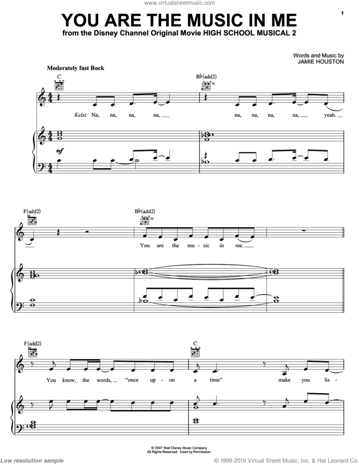 You Are The Music In Me (from High School Musical 2) sheet music for voice, piano or guitar by Jamie Houston, High School Musical 2 and Zac Efron and Vanessa Anne Hudgens, intermediate skill level