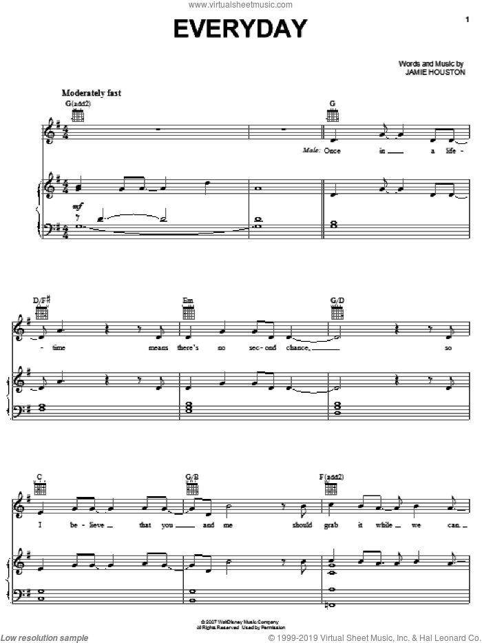 Everyday sheet music for voice, piano or guitar by High School Musical 2 and Jamie Houston, intermediate skill level