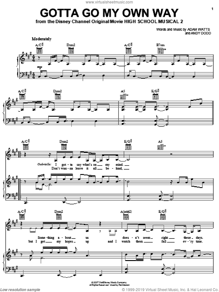 Gotta Go My Own Way sheet music for voice, piano or guitar by High School Musical 2, Adam Watts and Andy Dodd, intermediate skill level