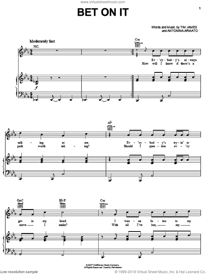 Bet On It sheet music for voice, piano or guitar by High School Musical 2, Antonina Armato and Tim James, intermediate skill level