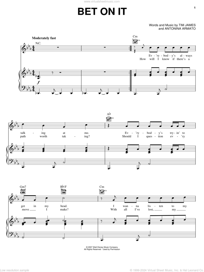 Bet On It sheet music for voice, piano or guitar by High School Musical 2, Antonina Armato and Tim James, intermediate skill level