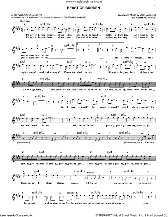 Beast Of Burden sheet music for voice and other instruments (fake book) by The Rolling Stones, Bette Midler, Keith Richards and Mick Jagger, intermediate skill level