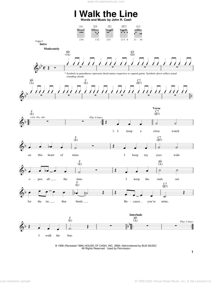 I Walk The Line sheet music for guitar solo (chords) by Johnny Cash, easy guitar (chords)