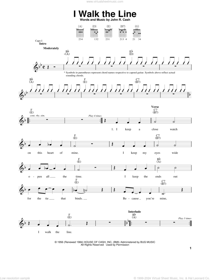 I Walk The Line sheet music for guitar solo (chords) by Johnny Cash, easy guitar (chords)