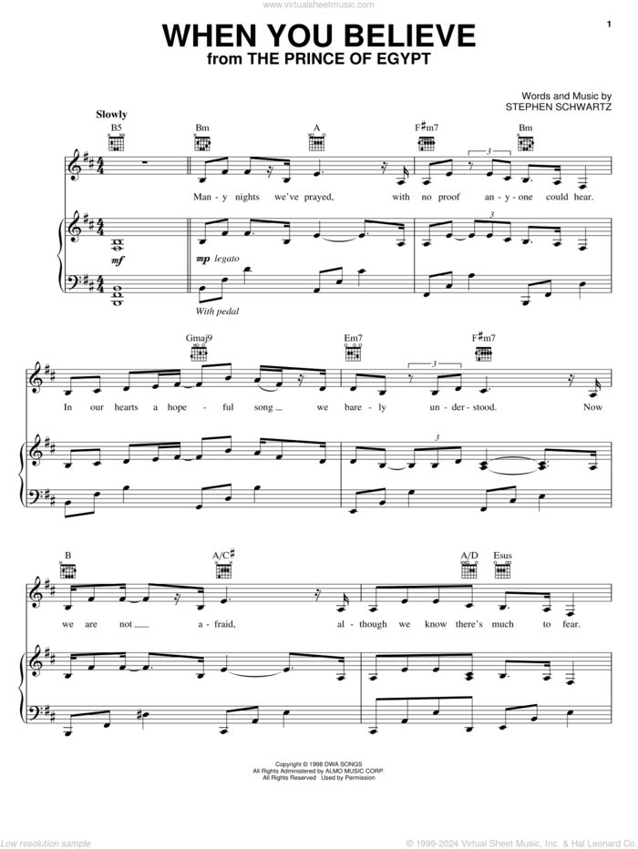 When You Believe (From The Prince Of Egypt) sheet music for voice, piano or guitar by Whitney Houston and Mariah Carey, Mariah Carey, Whitney Houston, Babyface and Stephen Schwartz, intermediate skill level