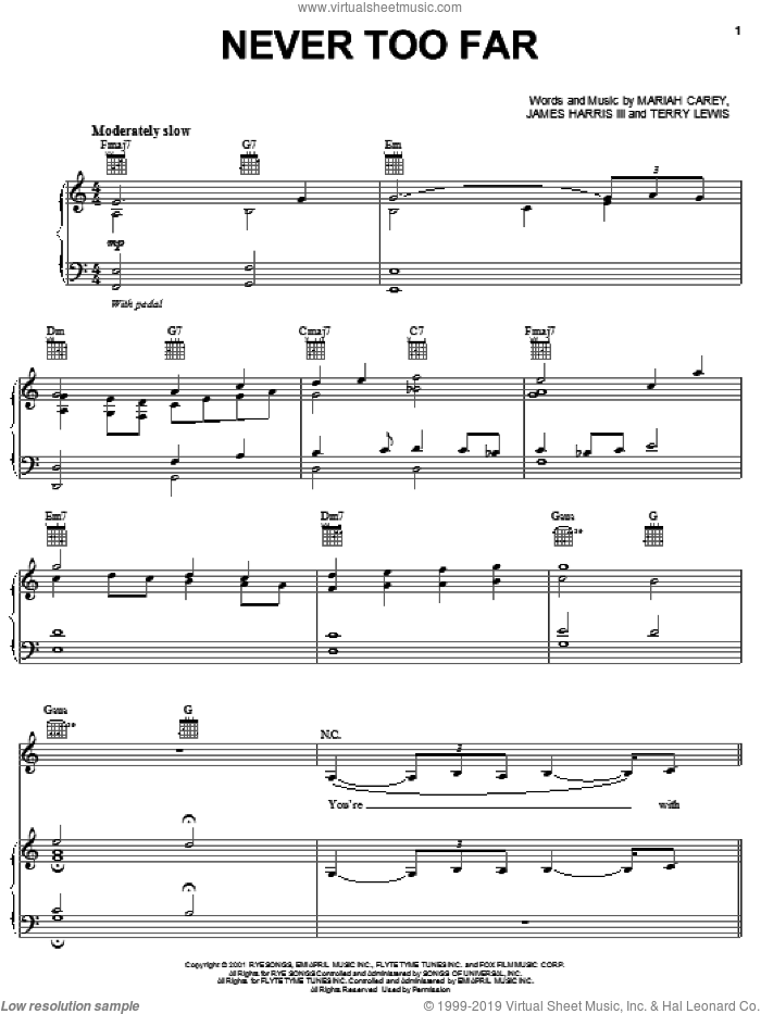 Never Too Far sheet music for voice, piano or guitar by Mariah Carey, James Harris and Terry Lewis, intermediate skill level
