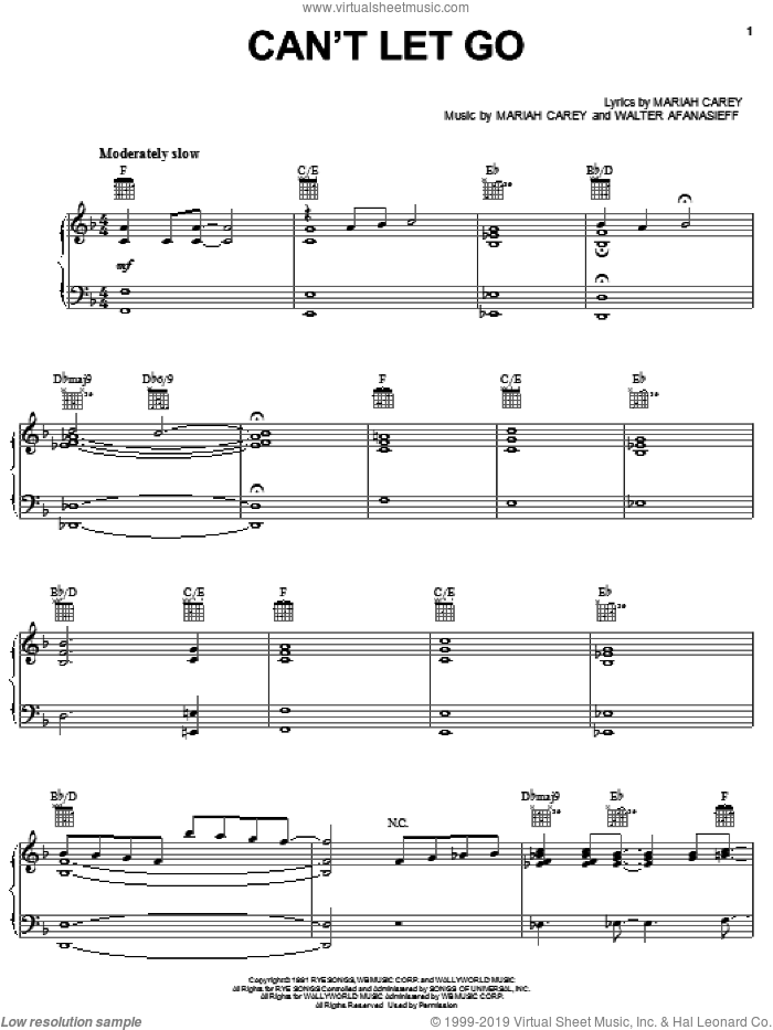 Can't Let Go sheet music for voice, piano or guitar by Mariah Carey and Walter Afanasieff, intermediate skill level