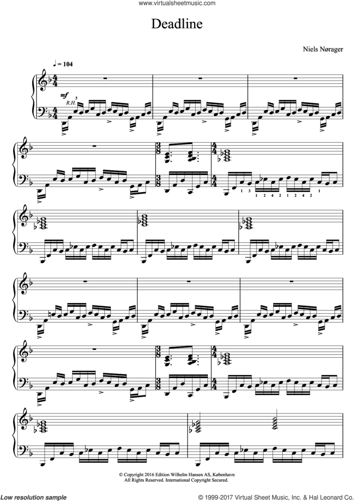 Deadline sheet music for piano solo by Niels Norager, classical score, intermediate skill level