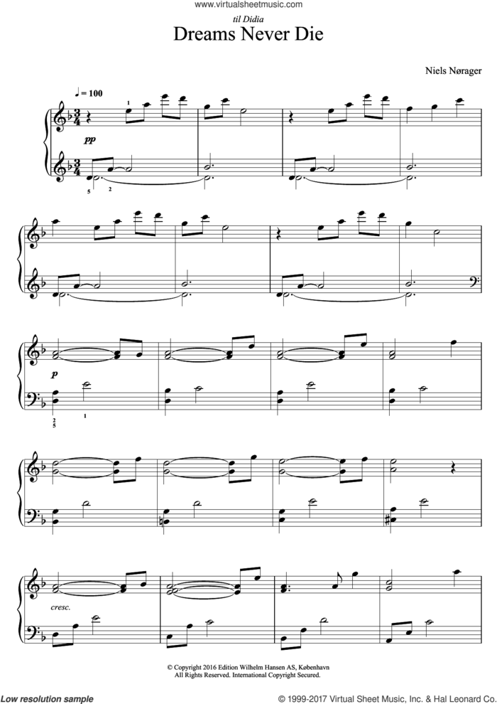 Dreams Never Die sheet music for piano solo by Niels Norager, classical score, intermediate skill level