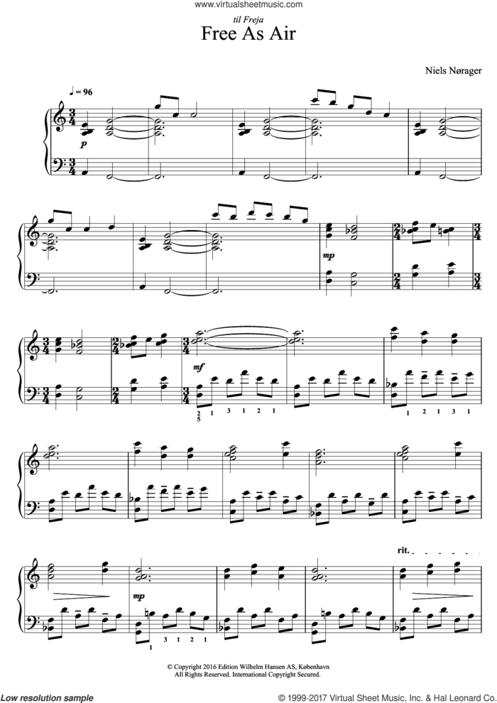Free As Air sheet music for piano solo by Niels Norager, classical score, intermediate skill level