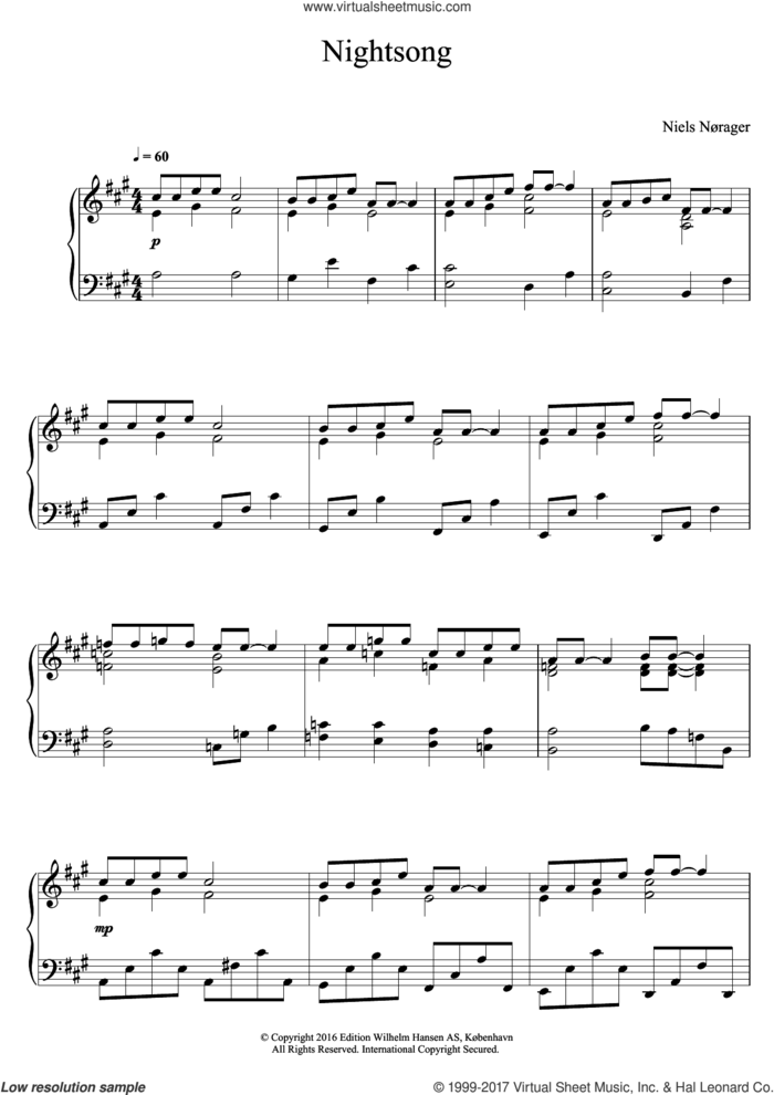 Nightsong sheet music for piano solo by Niels Norager, classical score, intermediate skill level