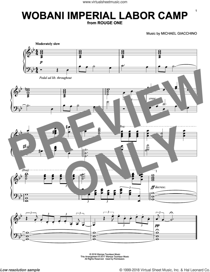 Wobani Imperial Labor Camp sheet music for piano solo by Michael Giacchino, classical score, intermediate skill level