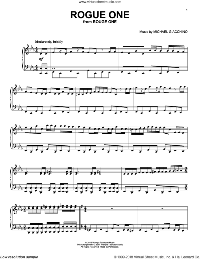Rogue One sheet music for piano solo by Michael Giacchino, classical score, intermediate skill level