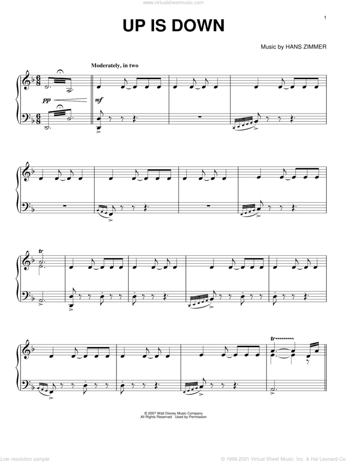 Up Is Down (from Pirates Of The Caribbean: At World's End) sheet music for piano solo by Hans Zimmer, intermediate skill level