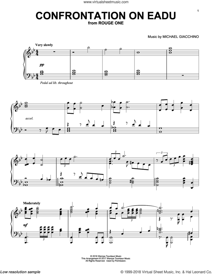 Confrontation On Eadu sheet music for piano solo by Michael Giacchino, classical score, intermediate skill level