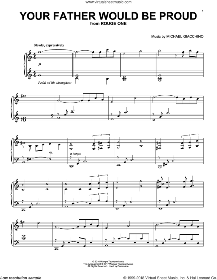 Your Father Would Be Proud, (intermediate) sheet music for piano solo by Michael Giacchino, classical score, intermediate skill level
