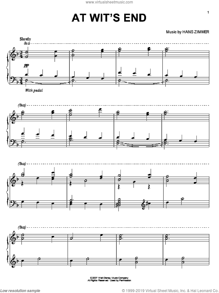 At Wit's End (from Pirates Of The Caribbean: At World's End) sheet music for piano solo by Hans Zimmer, intermediate skill level
