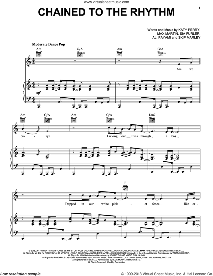 Chained To The Rhythm sheet music for voice, piano or guitar by Katy Perry, Ali Payami, Max Martin, Sia Furler and Skip Marley, intermediate skill level