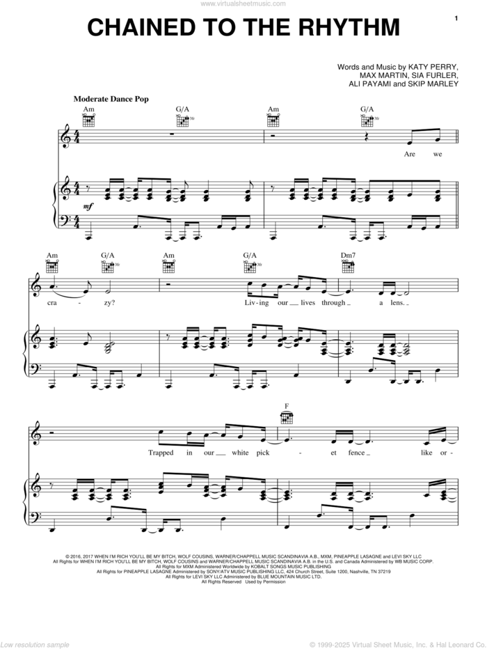 Chained To The Rhythm sheet music for voice, piano or guitar by Katy Perry, Ali Payami, Max Martin, Sia Furler and Skip Marley, intermediate skill level