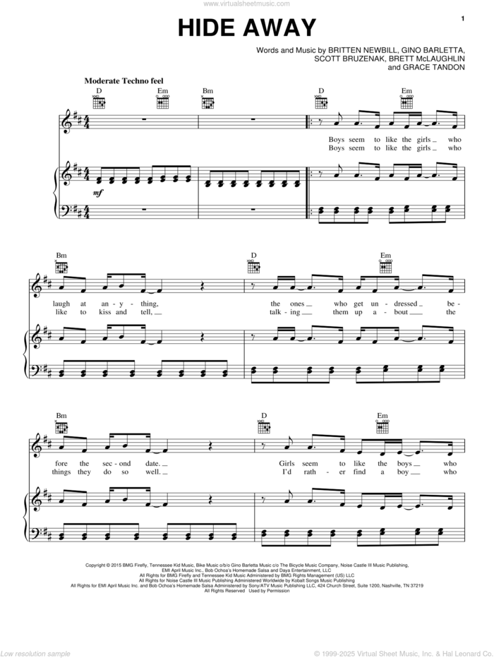 Hide Away sheet music for voice, piano or guitar by Daya, Brett McLaughlin, Britten Newbill, Gino Barletta, Grace Tandon and Scott Bruzenak, intermediate skill level