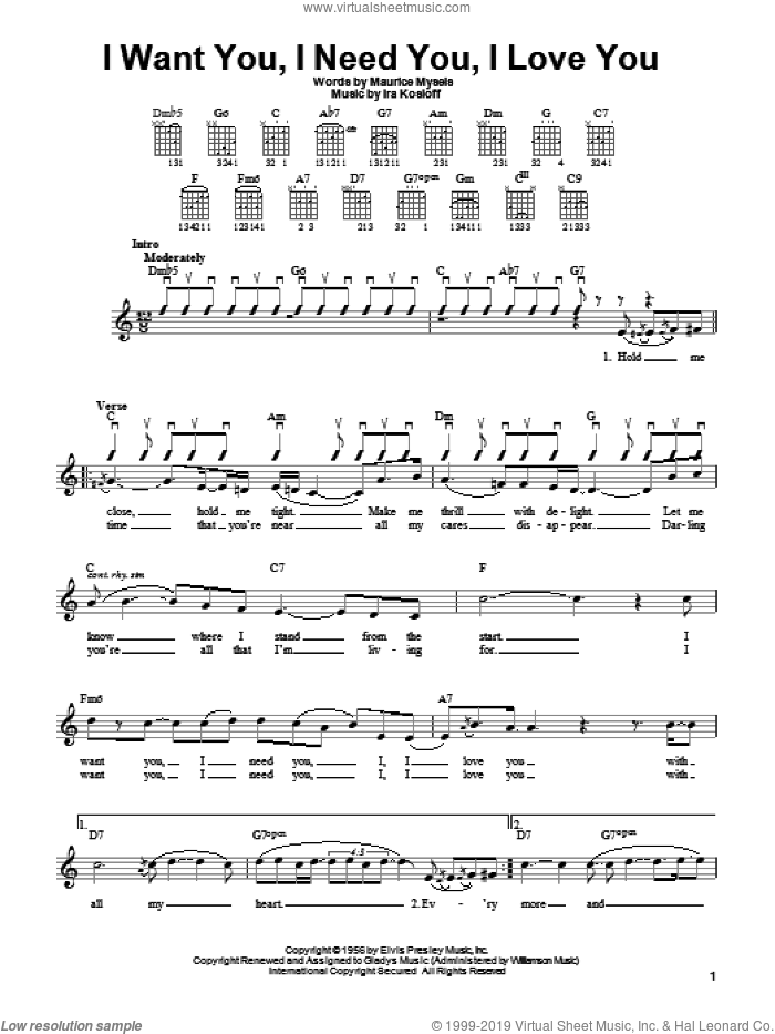 I Want You, I Need You, I Love You sheet music for guitar solo (chords) by Elvis Presley, Ira Kosloff and Maurice Mysels, easy guitar (chords)