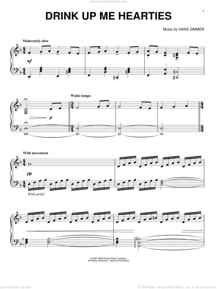 Drink Up Me Hearties (from Pirates Of The Caribbean: At World's End) sheet music for piano solo by Hans Zimmer, intermediate skill level
