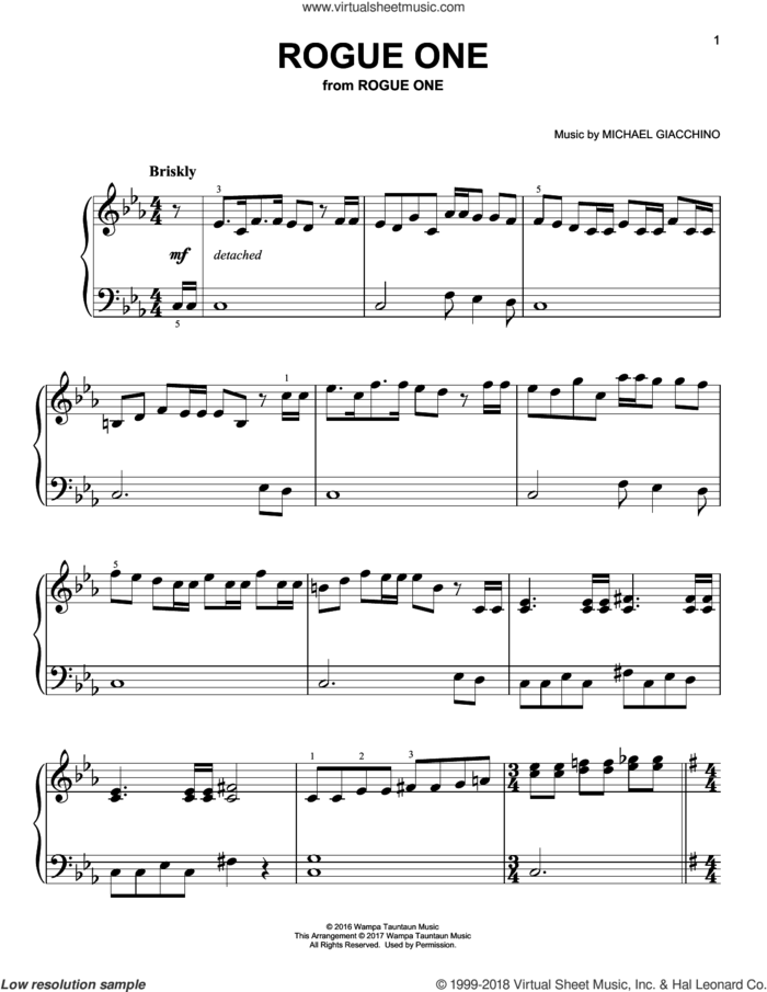 Rogue One, (easy) sheet music for piano solo by Michael Giacchino, classical score, easy skill level