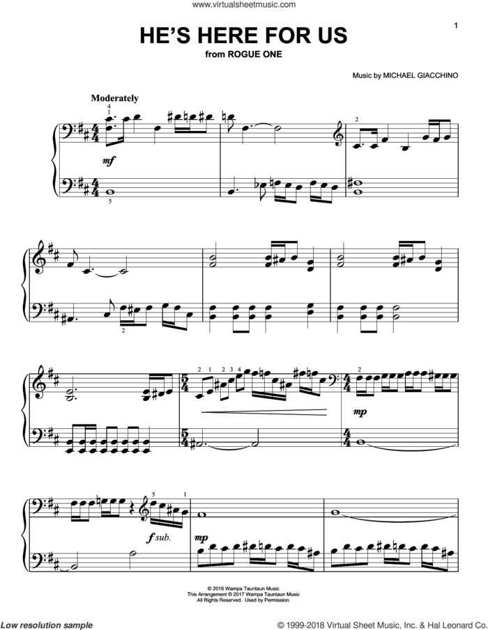 He's Here For Us sheet music for piano solo by Michael Giacchino, classical score, easy skill level
