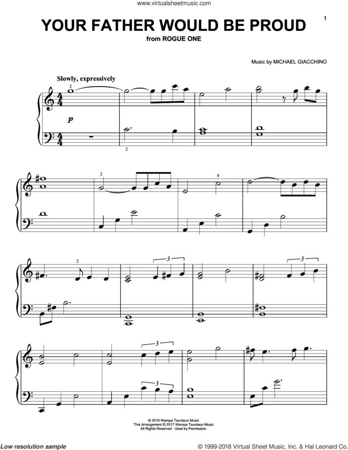 Your Father Would Be Proud, (easy) sheet music for piano solo by Michael Giacchino, classical score, easy skill level