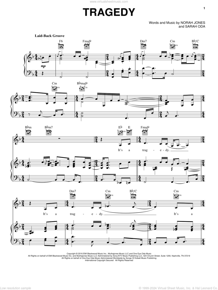Tragedy sheet music for voice, piano or guitar by Norah Jones and Sarah Oda, intermediate skill level