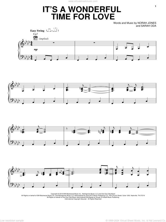 It's A Wonderful Time For Love sheet music for voice, piano or guitar by Norah Jones and Sarah Oda, intermediate skill level