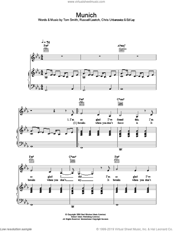 Munich sheet music for voice, piano or guitar by Corinne Bailey Rae, Editors, Chris Urbanowicz, Ed Lay, Russell Leetch and Tom Smith, intermediate skill level