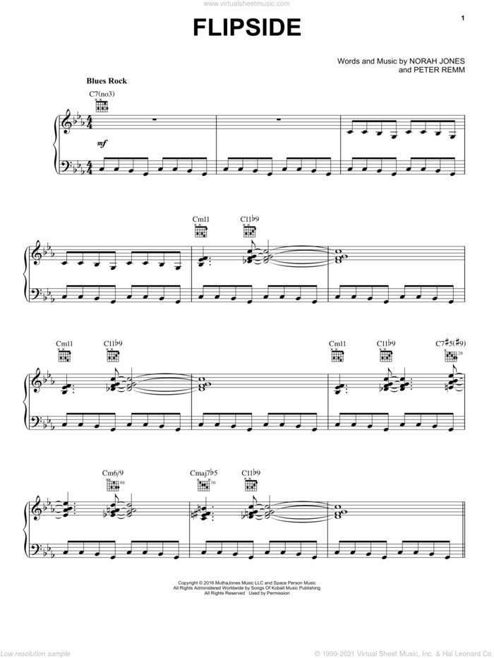 Flipside sheet music for voice, piano or guitar by Norah Jones and Peter Remm, intermediate skill level
