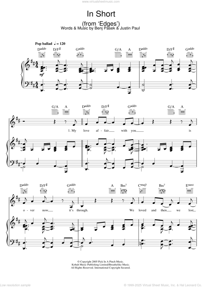 In Short (from Edges) sheet music for voice, piano or guitar by Pasek & Paul, Benj Pasek, Justin Paul and Pasek and Paul, intermediate skill level