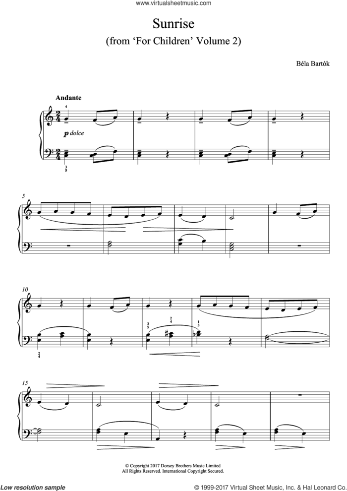 Sunrise (from For Children Volume 2) sheet music for piano solo by Bela Bartok and Bela Bartok, classical score, easy skill level