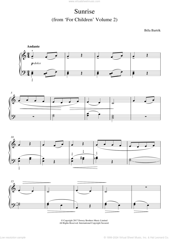 Sunrise (from For Children Volume 2) sheet music for piano solo by Bela Bartok and Bela Bartok, classical score, easy skill level