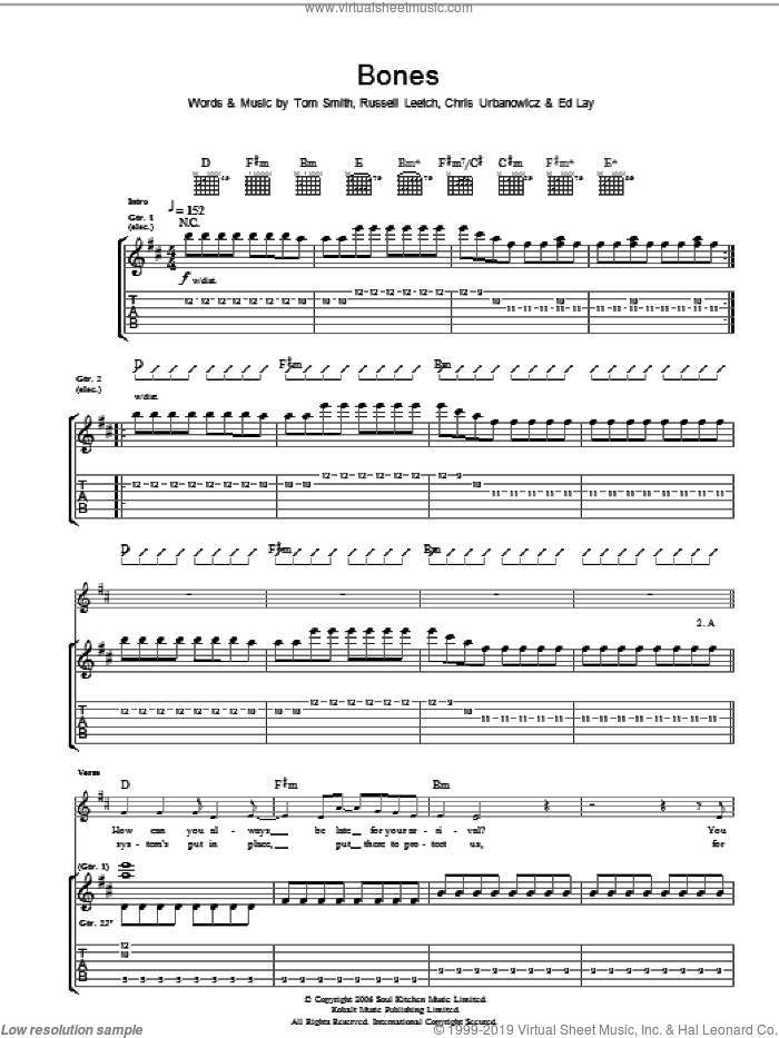 Bones sheet music for guitar (tablature) by Editors, Chris Urbanowicz, Ed Lay, Russell Leetch and Tom Smith, intermediate skill level