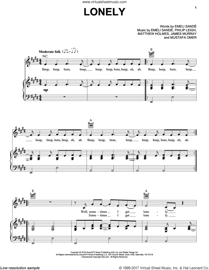 Lonely sheet music for voice, piano or guitar by Emeli Sande, James Murray, Matthew Holmes, Mustafa Omer and Philip Leigh, intermediate skill level