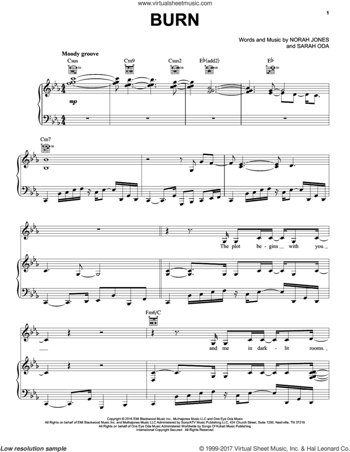 Burn sheet music for voice, piano or guitar by Norah Jones and Sarah Oda, intermediate skill level