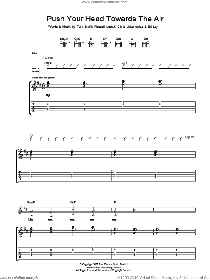 Push Your Head Towards The Air sheet music for guitar (tablature) by Editors, Chris Urbanowicz, Ed Lay, Russell Leetch and Tom Smith, intermediate skill level