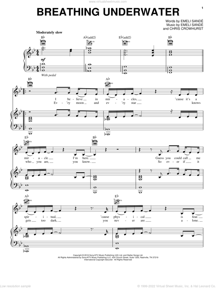 Breathing Underwater sheet music for voice, piano or guitar by Emeli Sande and Chris Crowhurst, intermediate skill level