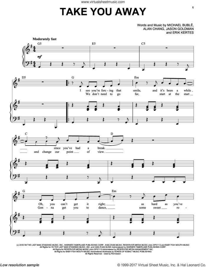 Take You Away sheet music for voice and piano by Michael Buble, Alan Chang, Erik Kertes and Jason Goldman, intermediate skill level
