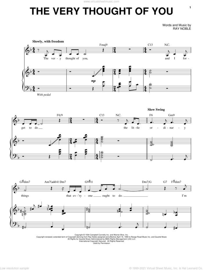 The Very Thought Of You sheet music for voice and piano by Michael Buble, Frank Sinatra, Kate Smith, Nat King Cole, Ray Conniff, Ricky Nelson and Ray Noble, intermediate skill level