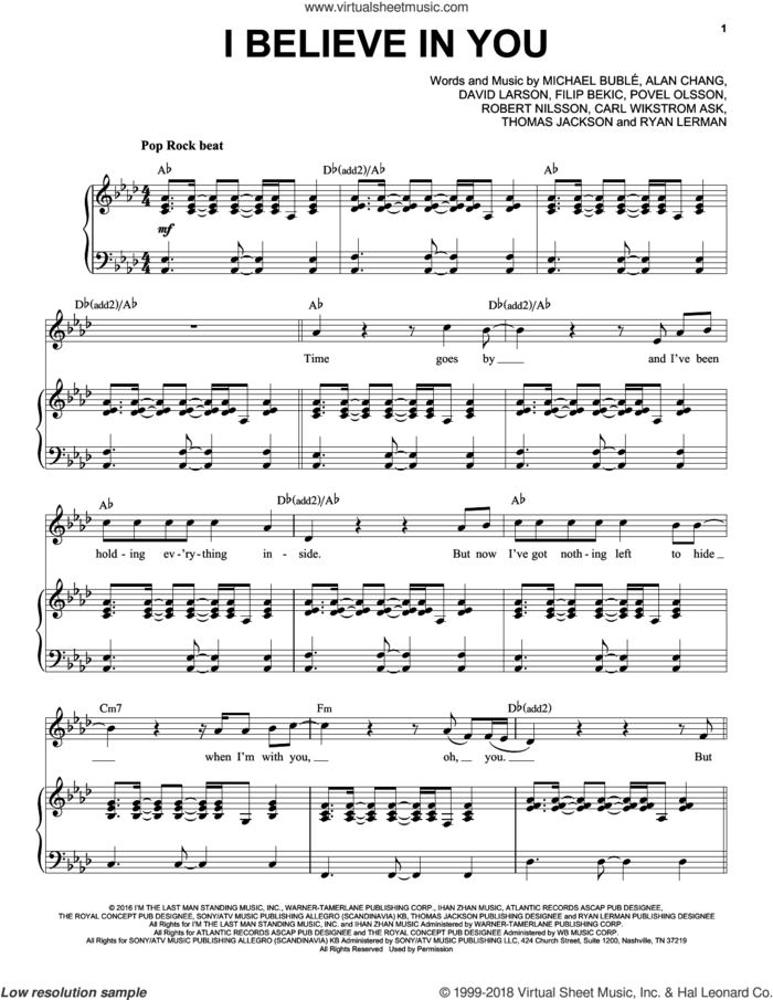 I Believe In You sheet music for voice and piano by Michael Buble, Alan Chang, Carl Wikstrom Ask, David Larson, Filip Bekic, Povel Olsson, Robert Nilsson, Ryan Lerman and Thomas Jackson, intermediate skill level