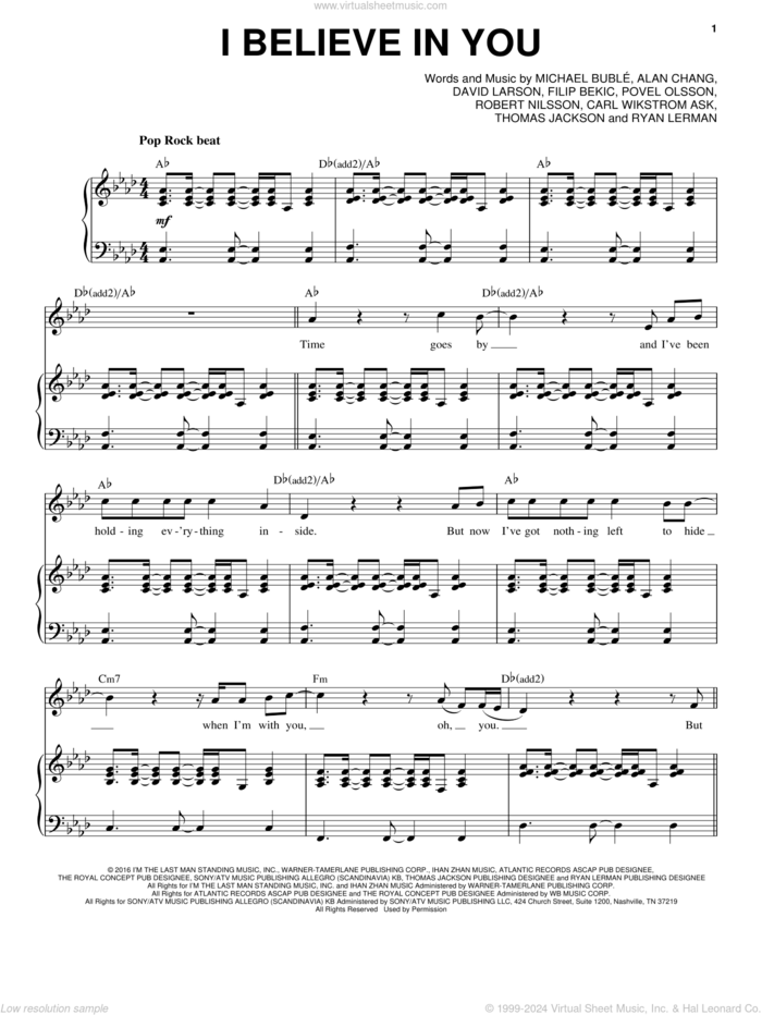 I Believe In You sheet music for voice and piano by Michael Buble, Alan Chang, Carl Wikstrom Ask, David Larson, Filip Bekic, Povel Olsson, Robert Nilsson, Ryan Lerman and Thomas Jackson, intermediate skill level